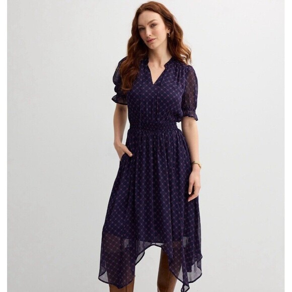 Draper James Hem Dress size L Elbow puffed Sleeve pockets smocked waist Bandana - Picture 3 of 16